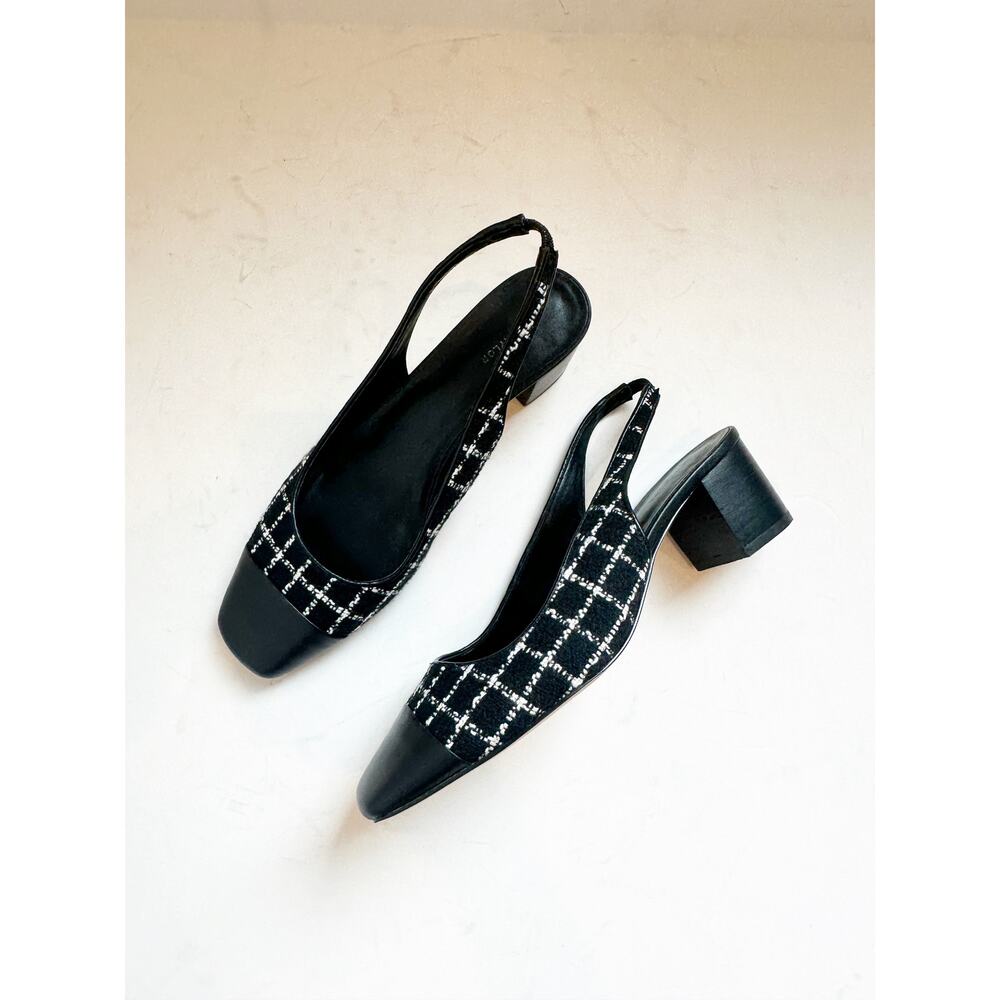 NWOB Ann Taylor Cap Toe Sling Back Pump Black White Tweed Size 8.5